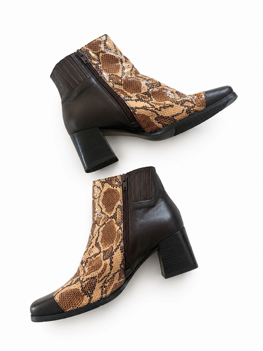 Snake-Print Ankle Boots with Dark Brown Leather Trim Y2K Festival Style